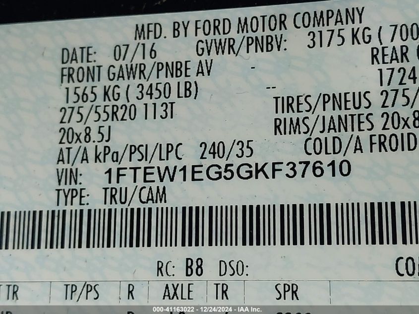 VIN 1FTEW1EG5GKF37610 2016 FORD F-150 no.9