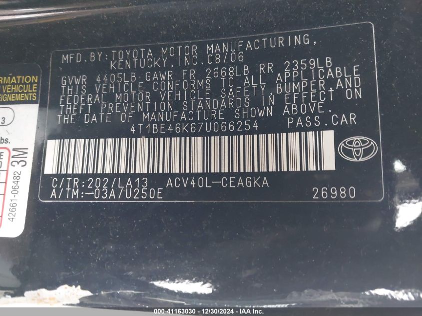 2007 Toyota Camry Xle VIN: 4T1BE46K67U066254 Lot: 41163030