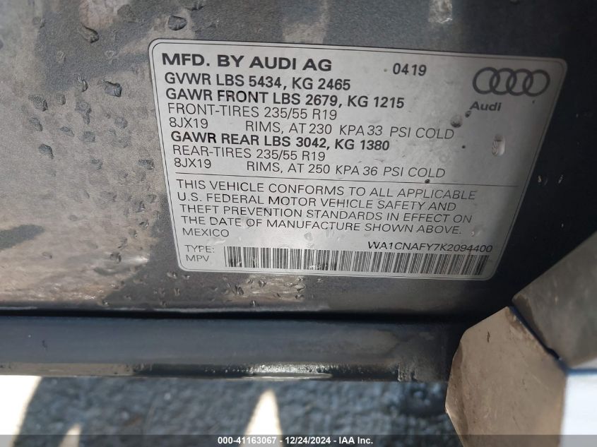 VIN WA1CNAFY7K2094400 2019 AUDI Q5 no.9