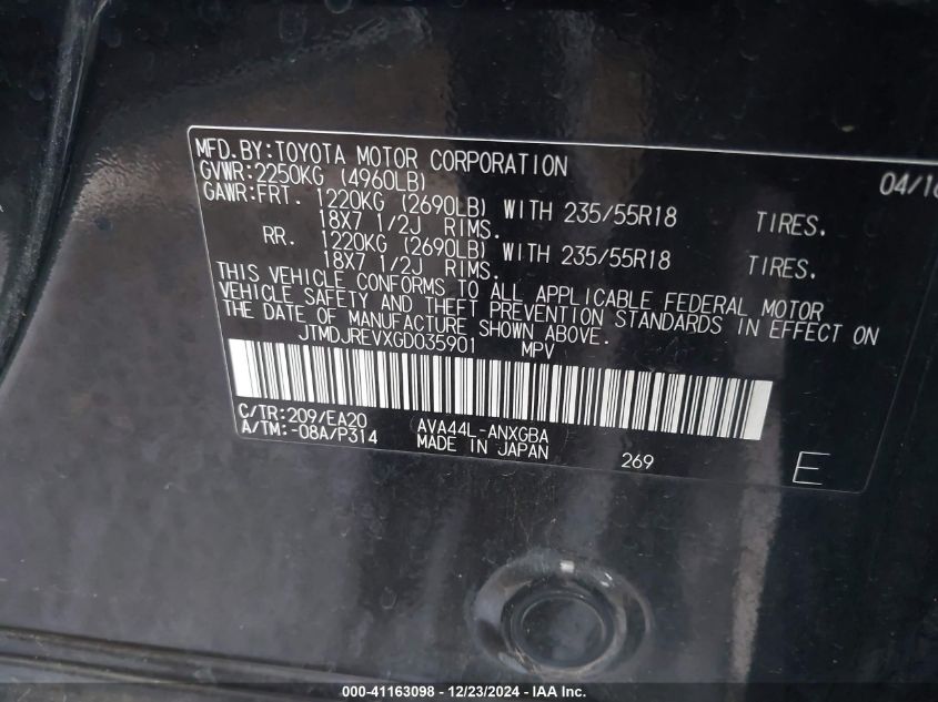 VIN JTMDJREVXGD035901 2016 TOYOTA RAV4 HYBRID no.9