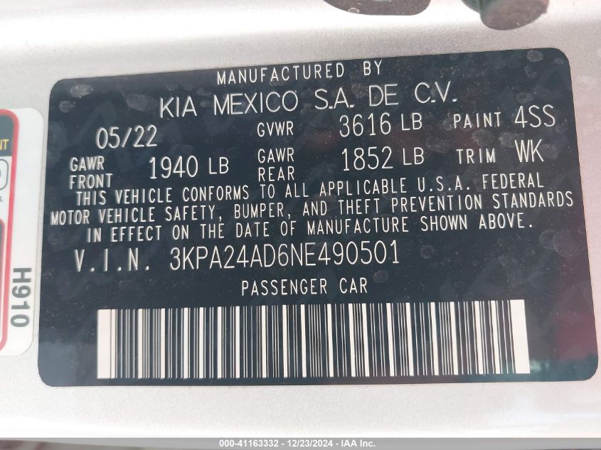 2022 Kia Rio S VIN: 3KPA24AD6NE490501 Lot: 41163332