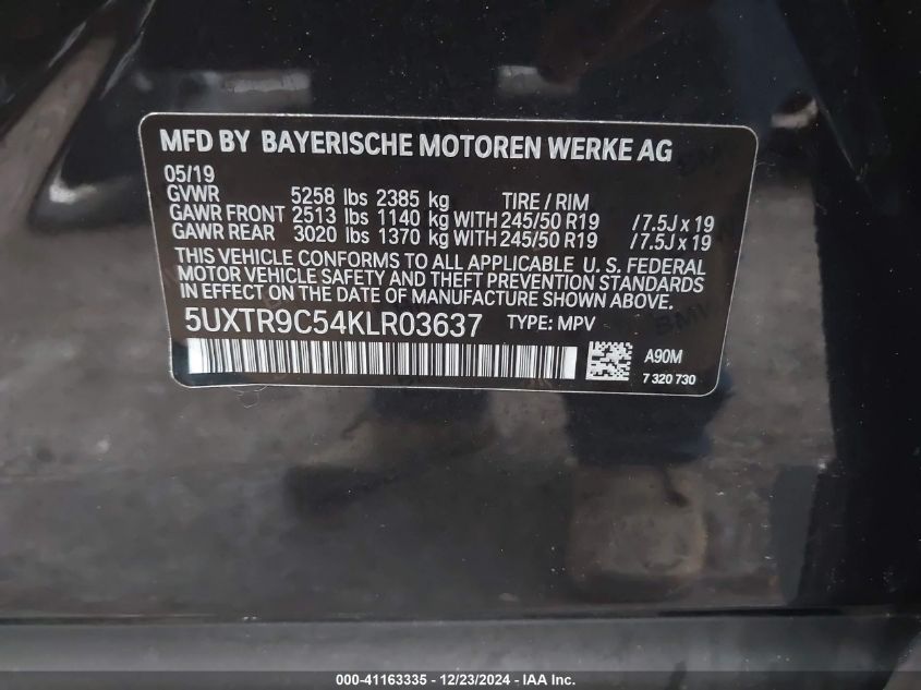 VIN 5UXTR9C54KLR03637 2019 BMW X3, Xdrive30I no.9