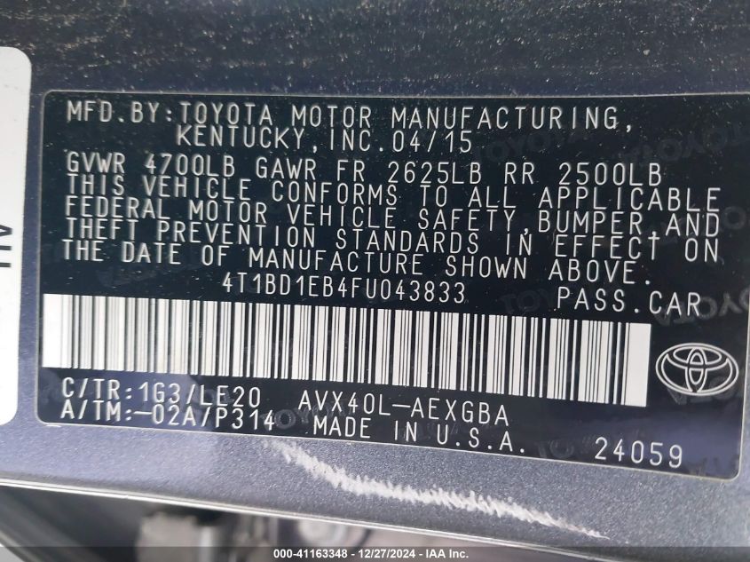 VIN 4T1BD1EB4FU043833 2015 Toyota Avalon, Hybrid Xl... no.9