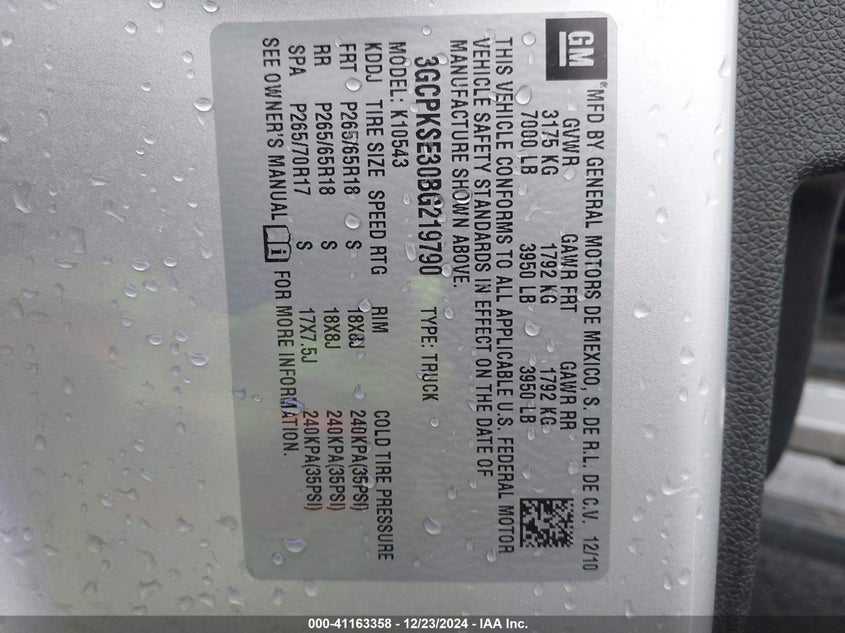 2011 CHEVROLET SILVERADO 1500 VIN: 3GCPKSE30BG219790