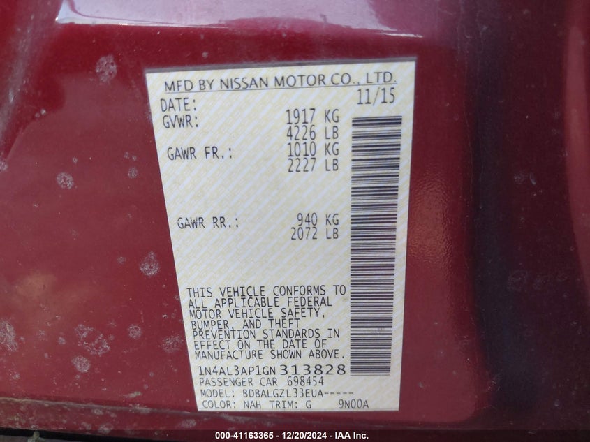 2016 NISSAN ALTIMA VIN: 1N4AL3AP1GN313828