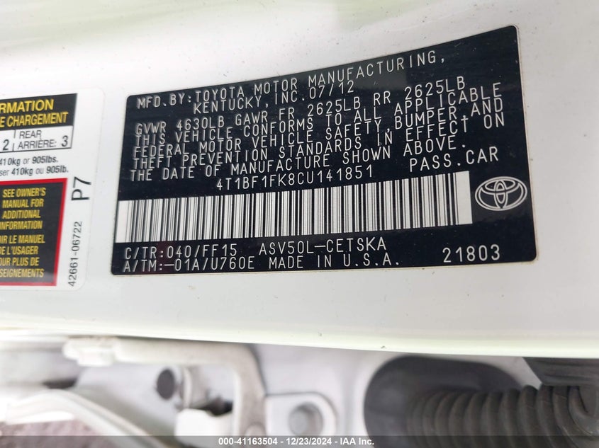 2012 TOYOTA CAMRY VIN: 4T1BF1FK8CU141851