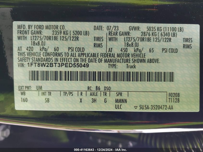 2023 FORD F-250 (VIN: 1FT8W2BT3PED55049