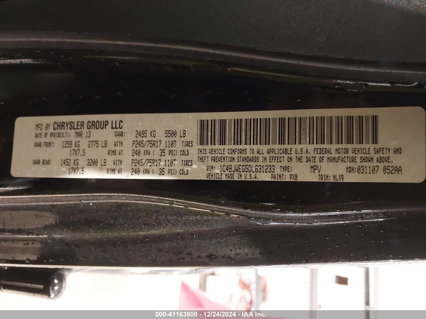 2013 JEEP WRANGLER UNLIMITED VIN: 1C4BJWEG5DL631233