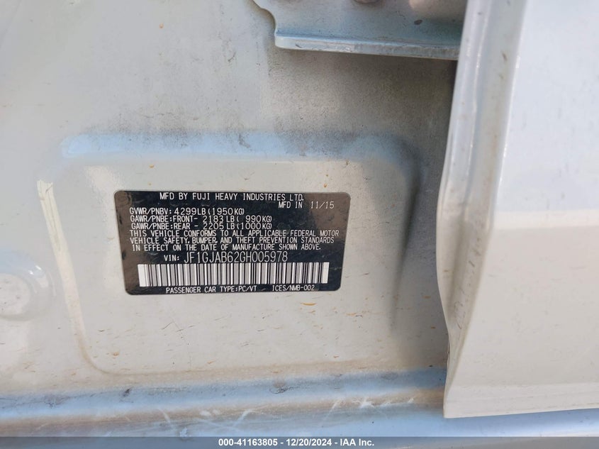 2016 SUBARU IMPREZA VIN: JF1GJAB62GH005978