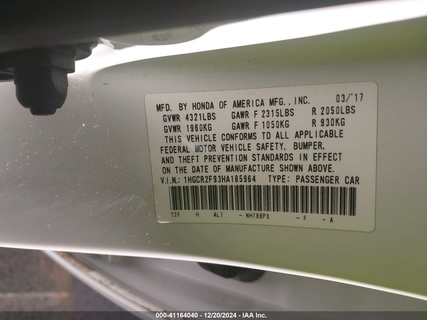 2017 HONDA ACCORD VIN: 1HGCR2F93HA185964