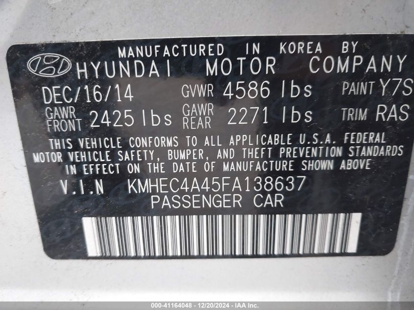 2015 Hyundai Sonata Hybrid VIN: KMHEC4A45FA138637 Lot: 41164048