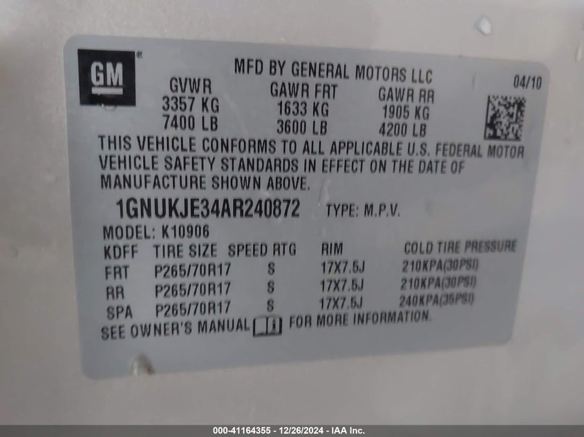 2010 CHEVROLET SUBURBAN 1500 VIN: 1GNUKJE34AR240872