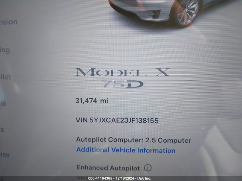 2018 Tesla Model X 100D/75D/P100D VIN: 5YJXCAE23JF138155 Lot: 41164365