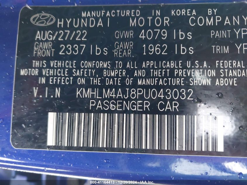 2023 Hyundai Elantra Hybrid Blue VIN: KMHLM4AJ8PU043032 Lot: 41164413