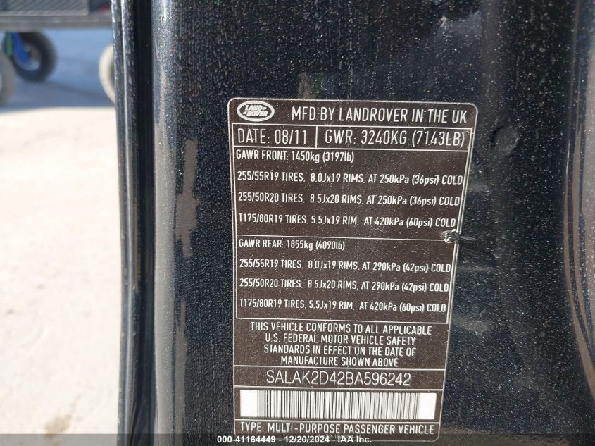 2011 Land Rover Lr4 VIN: SALAK2D42BA596242 Lot: 41164449