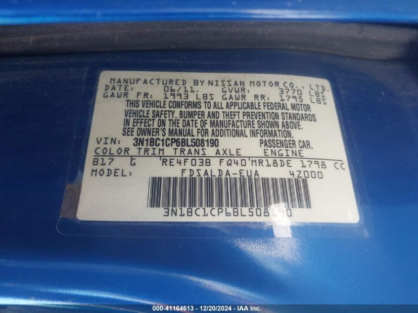 2011 Nissan Versa 1.8S VIN: 3N1BC1CP6BL508190 Lot: 41164613