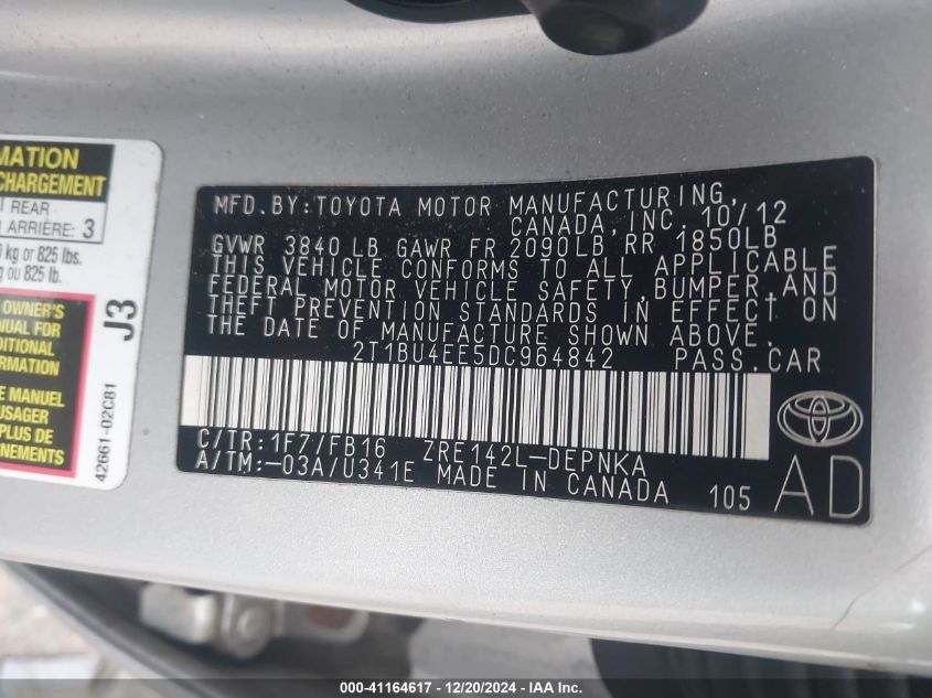 2013 TOYOTA COROLLA VIN: 2T1BU4EE5DC964842