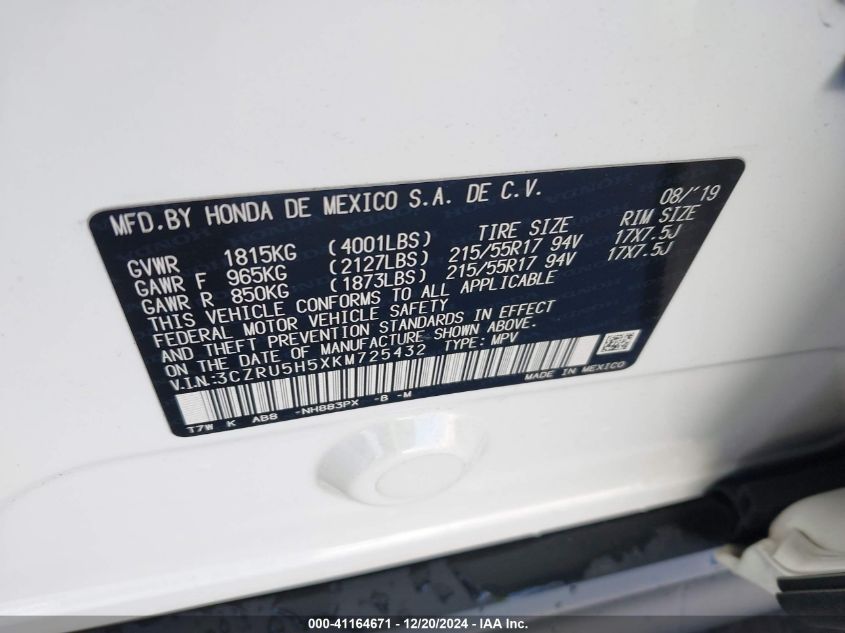 VIN 3CZRU5H5XKM725432 2019 Honda HR-V, EX no.9