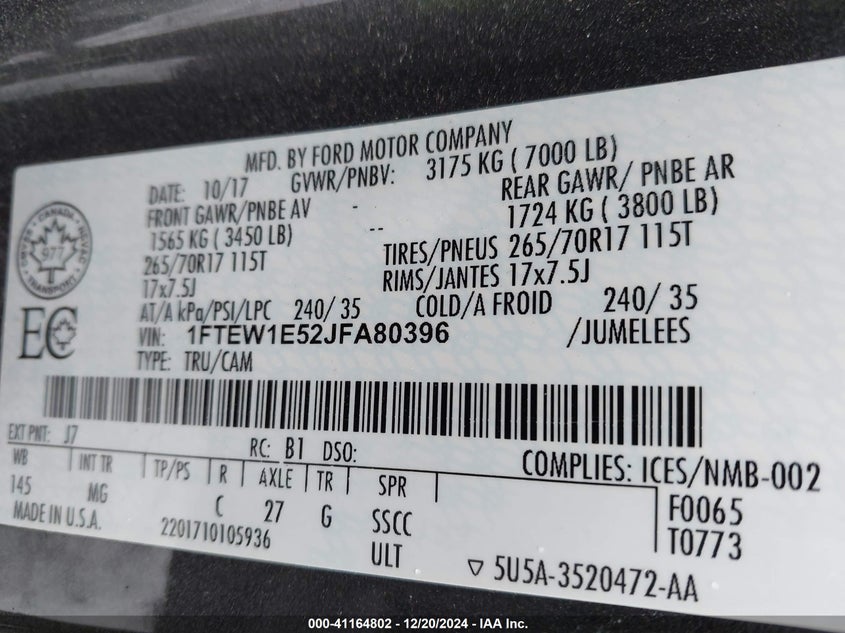 2018 FORD F-150 VIN: 1FTEW1E52JFA80396