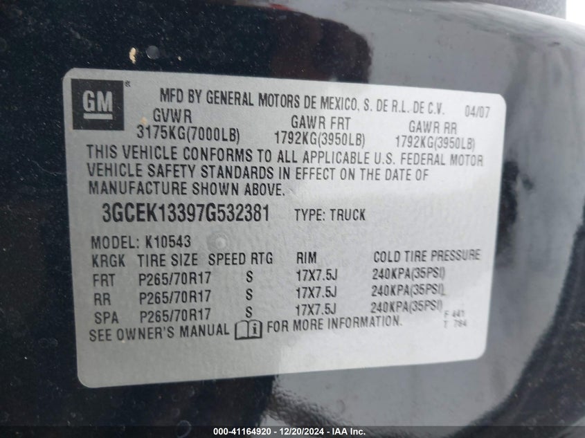 2007 CHEVROLET SILVERADO VIN: 3GCEK13397G532381