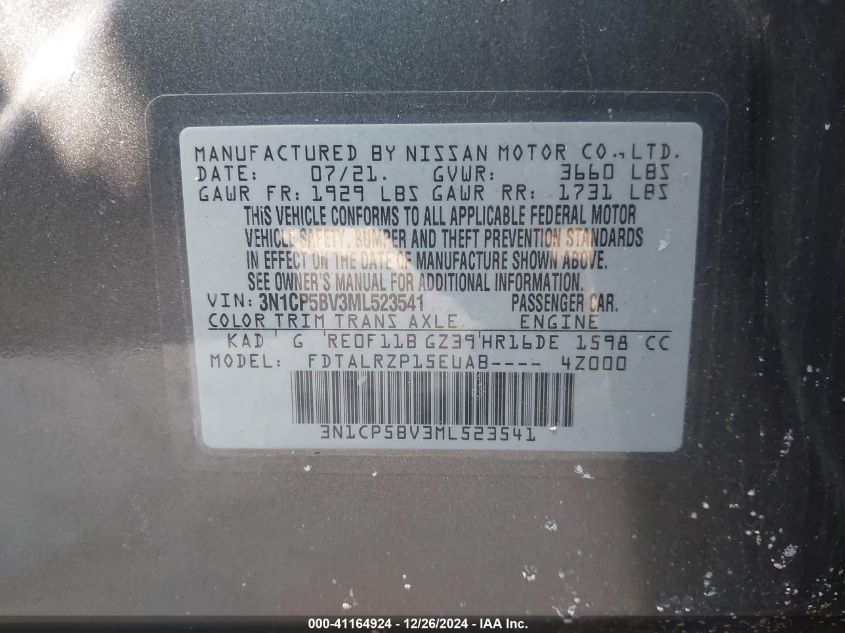 VIN 3N1CP5BV3ML523541 2021 Nissan Kicks, S Xtronic Cvt no.9