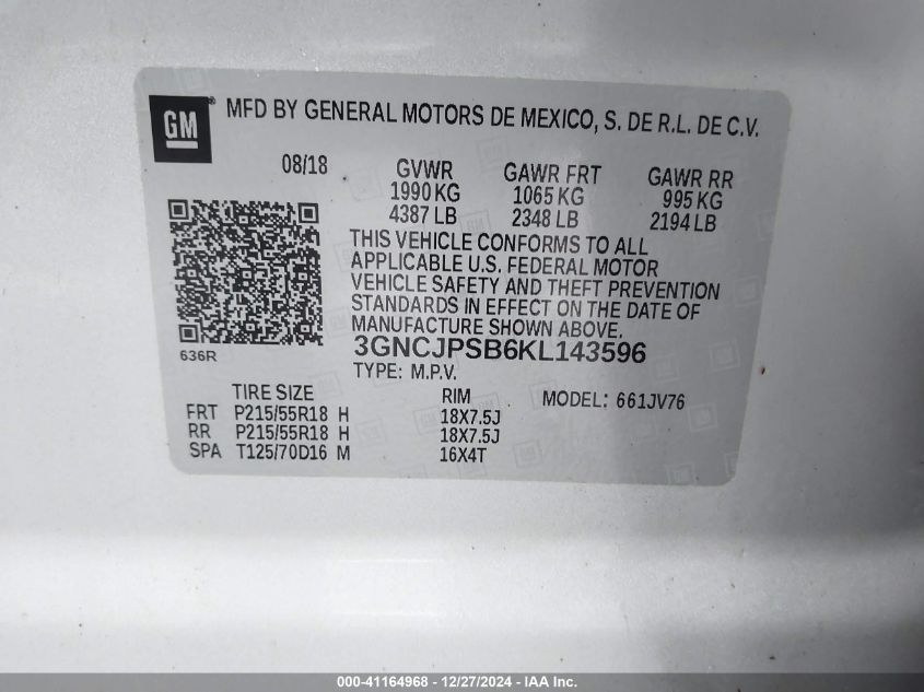 VIN 3GNCJPSB6KL143596 2019 Chevrolet Trax, LT no.9