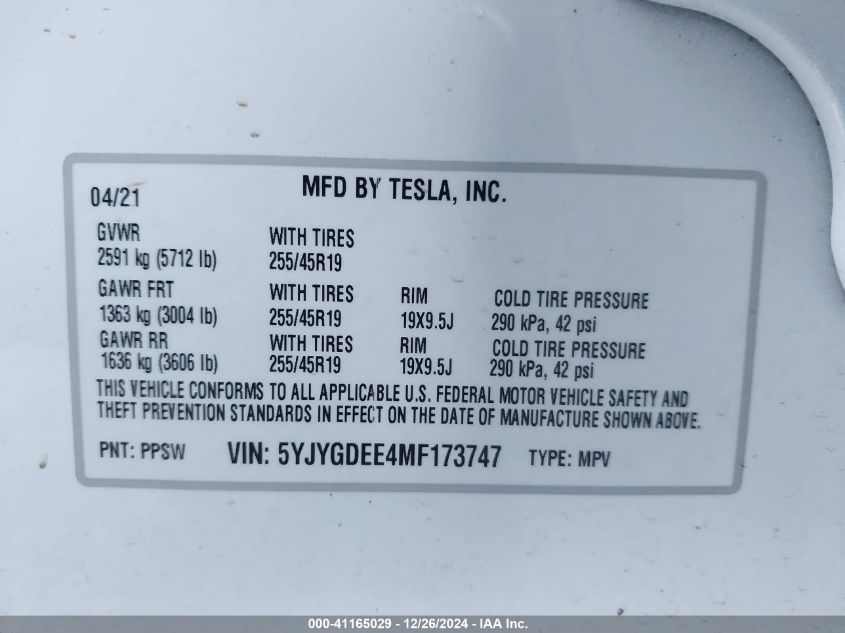 VIN 5YJYGDEE4MF173747 2021 TESLA MODEL Y no.9