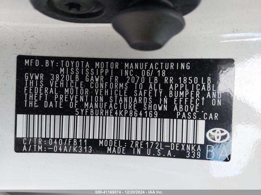 2019 TOYOTA COROLLA VIN: 5YFBURHE4KP864169