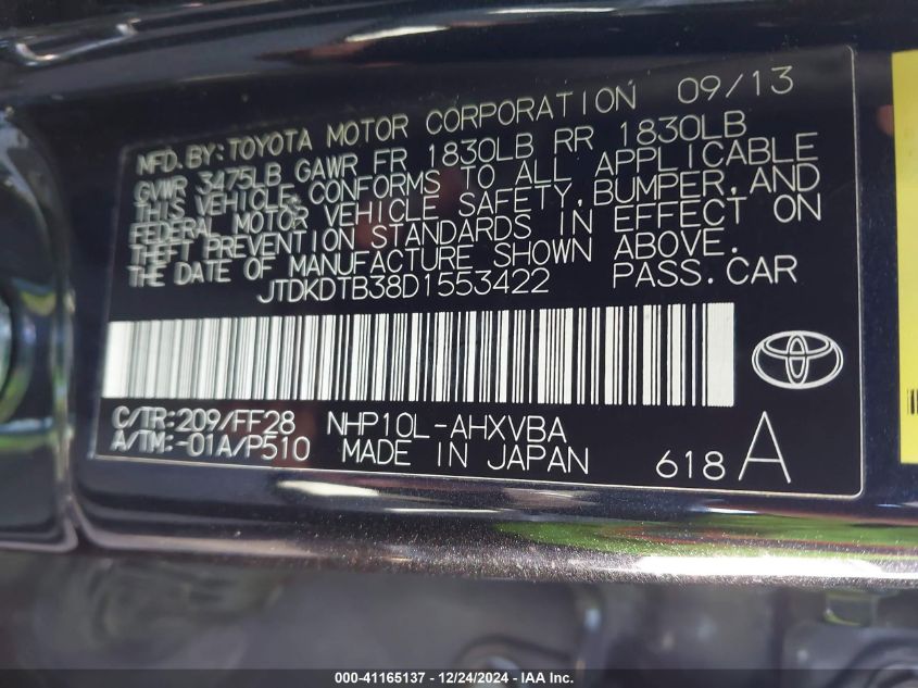 VIN JTDKDTB38D1553422 2013 Toyota Prius, C Two no.9