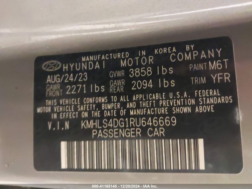 2024 Hyundai Elantra Sel VIN: KMHLS4DG1RU646669 Lot: 41165145