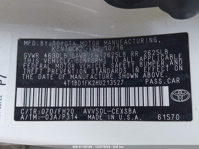 2017 TOYOTA CAMRY HYBRID VIN: 4T1BD1FK2HU213527
