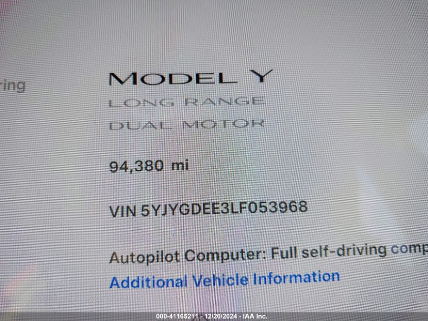 2020 TESLA MODEL Y LONG RANGE DUAL MOTOR ALL-WHEEL DRIVE - 5YJYGDEE3LF053968