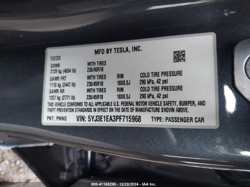 2023 Tesla Model 3 Rear-Wheel Drive VIN: 5YJ3E1EA3PF715968 Lot: 41165295