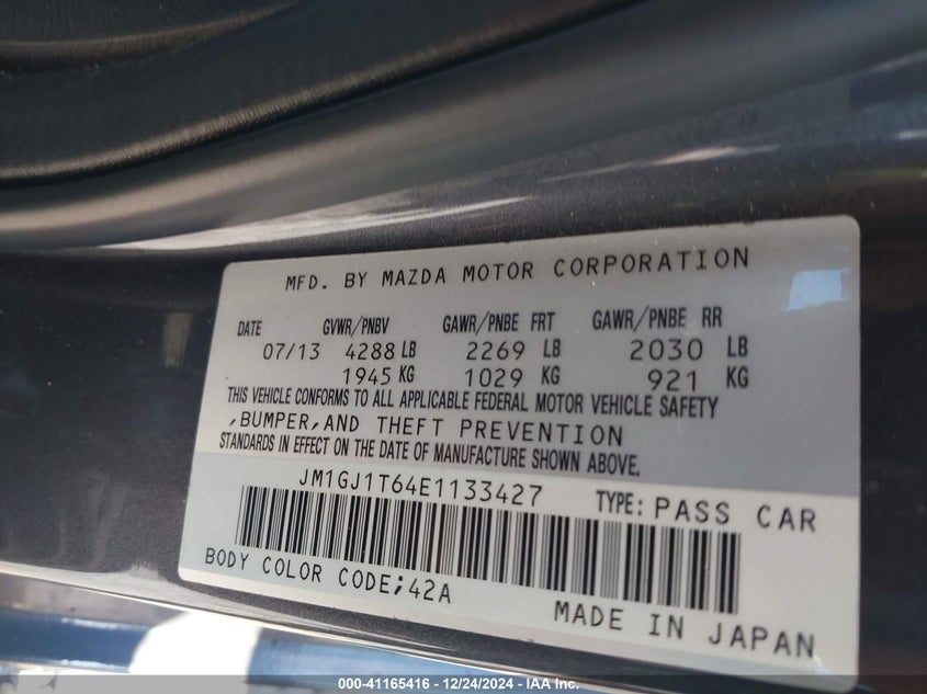 2014 MAZDA MAZDA6 VIN: JM1GJ1T64E1133427