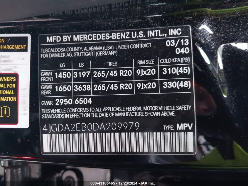 VIN 4JGDA2EB0DA209979 2013 Mercedes-Benz Ml 350 Blu... no.9