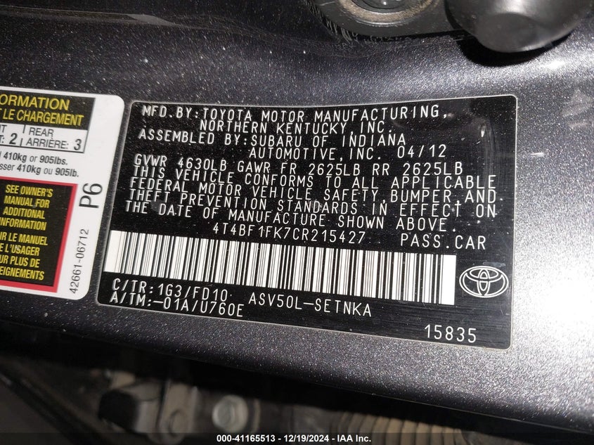 2012 TOYOTA CAMRY VIN: 4T4BF1FK7CR215427