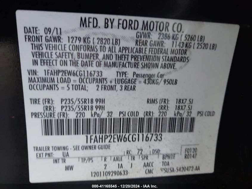 2012 Ford Taurus Sel VIN: 1FAHP2EW6CG116733 Lot: 41165545