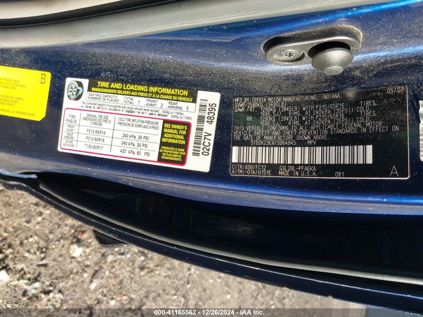 2007 TOYOTA SIENNA VIN: 5TDZK23CX7S064945
