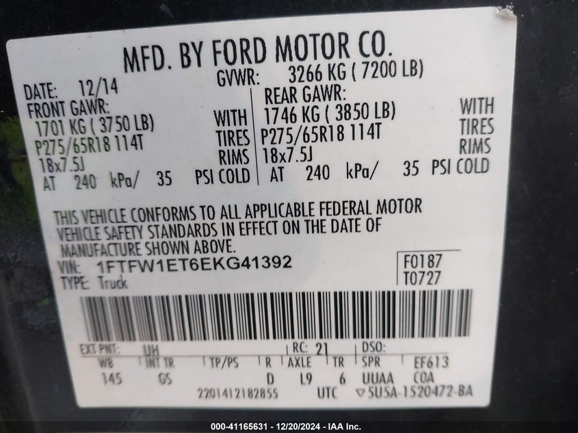 2014 FORD F-150 VIN: 1FTFW1ET6EKG41392