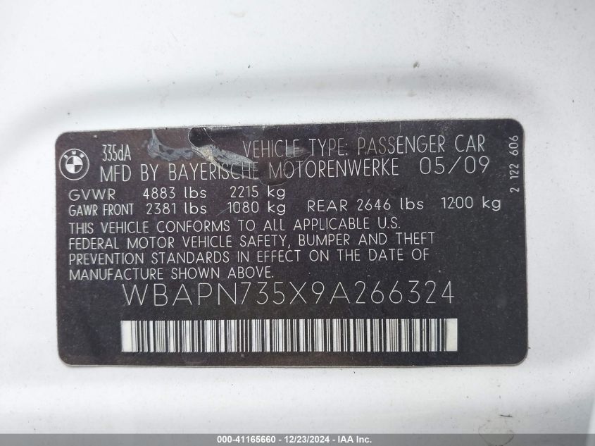 2009 BMW 335D VIN: WBAPN735X9A266324 Lot: 41165660