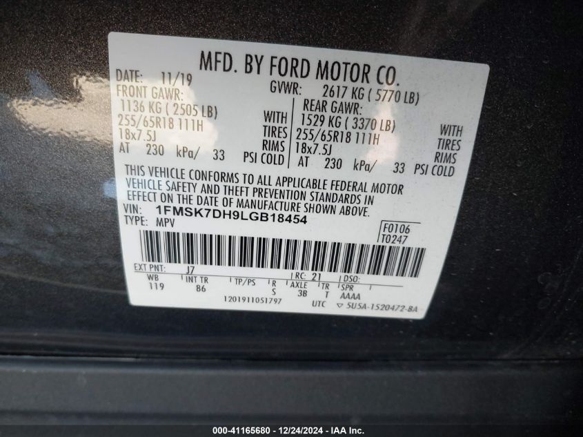 VIN 1FMSK7DH9LGB18454 2020 Ford Explorer, Xlt no.9