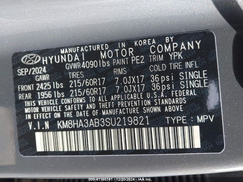 2025 Hyundai Kona Se VIN: KM8HA3AB3SU219821 Lot: 41165741