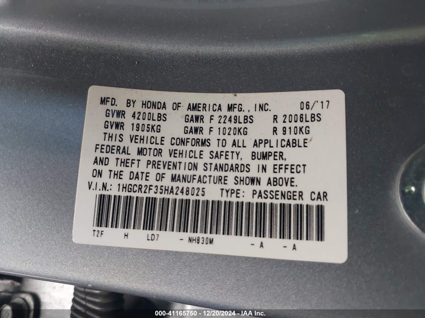 2017 HONDA ACCORD VIN: 1HGCR2F35HA248025