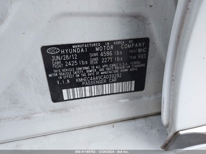 2012 Hyundai Sonata Hybrid VIN: KMHEC4A49CA039282 Lot: 41165763