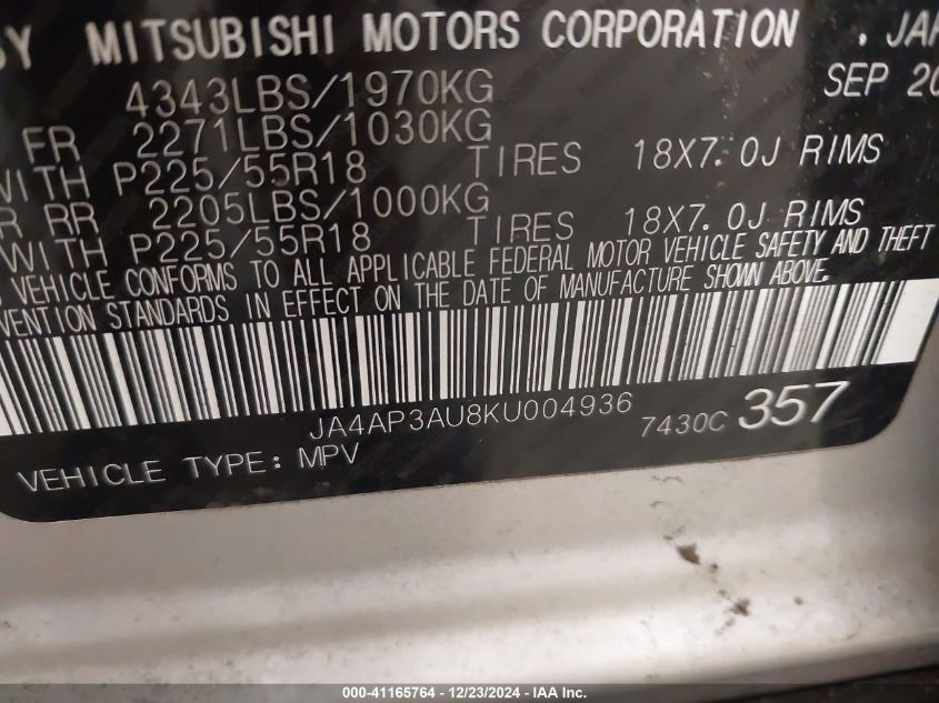 2019 MITSUBISHI OUTLANDER SPORT VIN: JA4AP3AU8KU004936