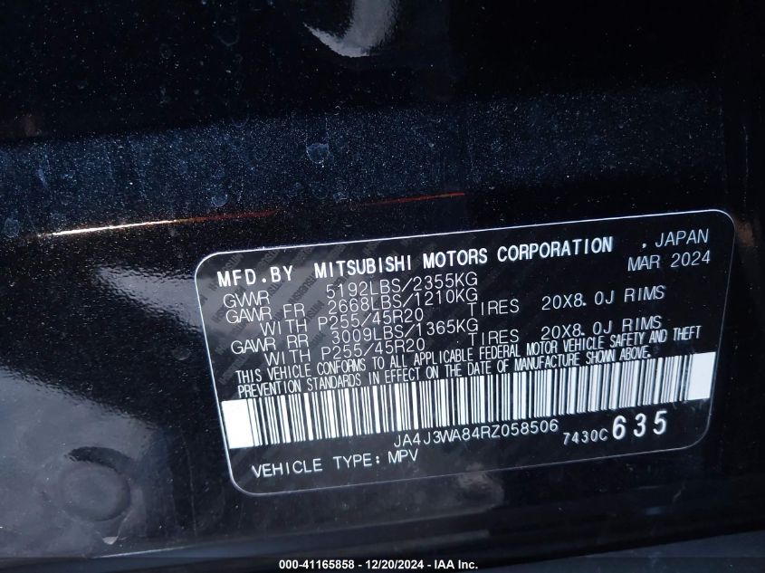 2024 Mitsubishi Outlander Sel 2.5 2Wd VIN: JA4J3WA84RZ058506 Lot: 41165858