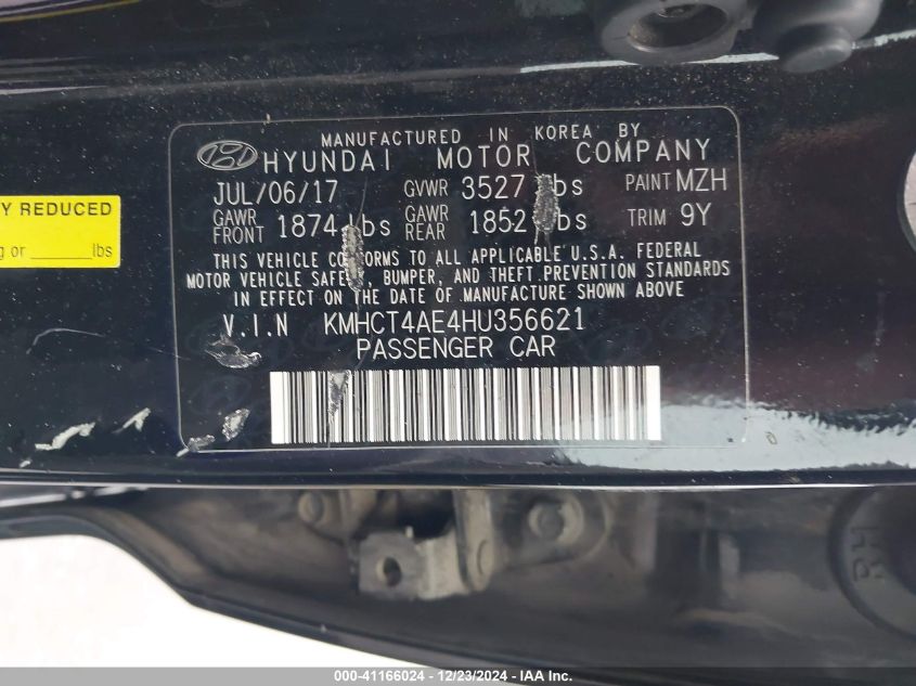 VIN KMHCT4AE4HU356621 2017 HYUNDAI ACCENT no.9