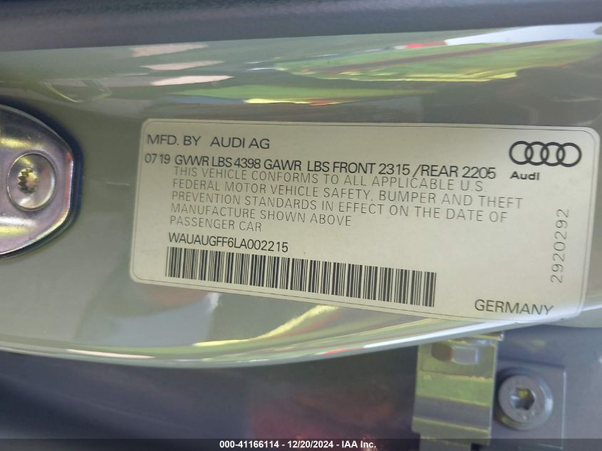 VIN WAUAUGFF6LA002215 2020 AUDI A3 no.9