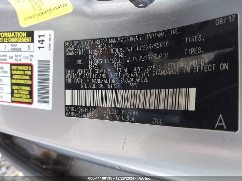 2017 TOYOTA SIENNA VIN: 5TDJZ3DC6HS184126