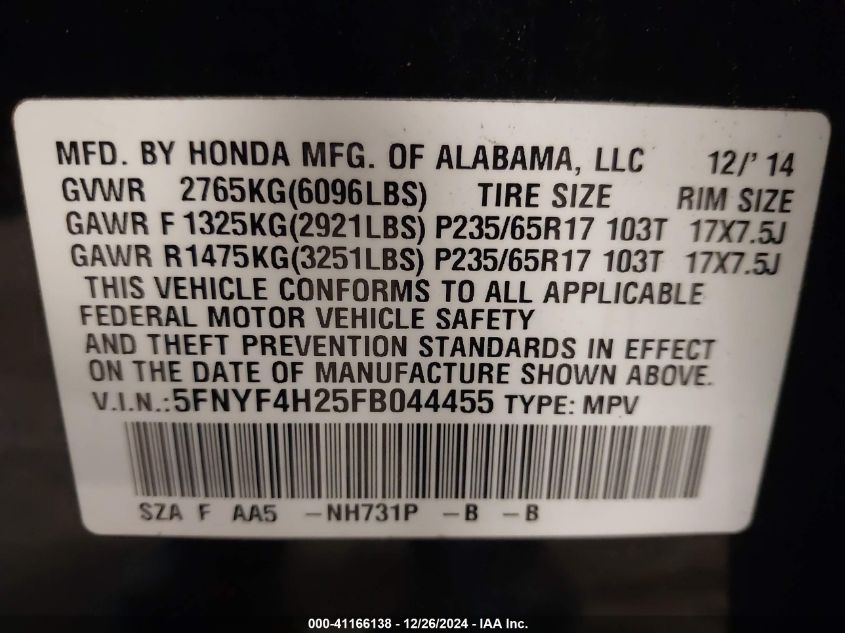 VIN 5FNYF4H25FB044455 2015 HONDA PILOT no.9